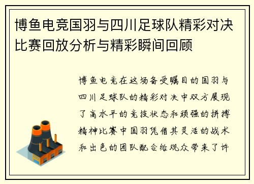 博鱼电竞国羽与四川足球队精彩对决比赛回放分析与精彩瞬间回顾
